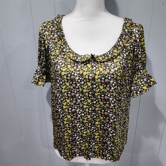 J. Crew XS Ruffle Featherweight Satin Scoopneck Top Floral Stripe - Picture 2 of 10
